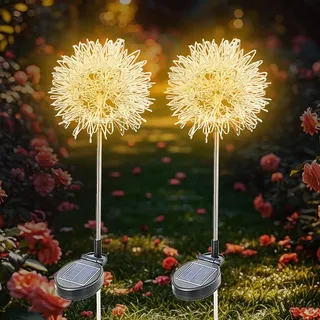 SKIKHN Solarlampen für Außen Garten, 2 Stück Aluminium-Löwenzahn Solarleuchten für Außen, Wetterfest Solarstecker Garten, Warmweiß, LED Solarleuchten für Garden Pathway Lawn Balkon