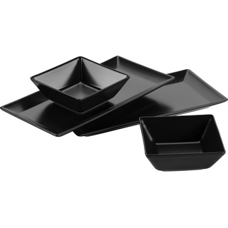 Mäser 931364 Schale/Platten rechteckige Teller und 2 quadratische Schüsseln in Schwarz, Porzellan Geschirr Set für 2 Personen