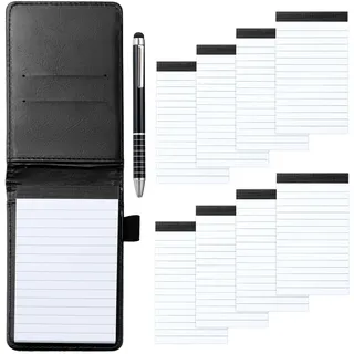 JEFFOUOO Mini Notizblock A7 Set,Kleiner Leder Notizblock Halter Taschennotizblock,Tragbarer Mini Notizbuch mit Stift,8 Stk 7,5x12,8cm Ersatz-Notizblöcken,30 liniertes Papier pro Notizblock (Schwarz)