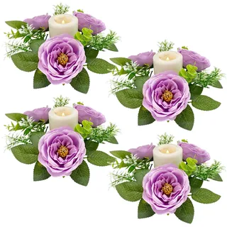 4 Stück Hochzeitsblumen-Kerzenringe, Künstliche Blumenkränze mit Grünen Blättern, Blumenkerzenringe, Kerzenhalter, Girlande für Säulen-Mittelstück, Party, Tischdekoration(Lila)