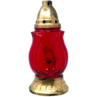 Grablicht Grabkerze Friedhof rot mit Motiv und Kerze Glas H 25 cm