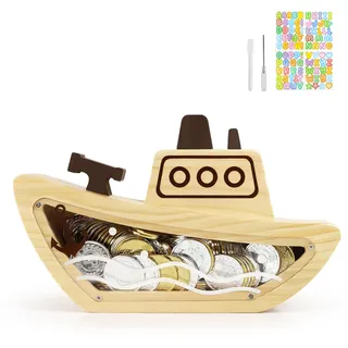 Spardose Sparschwein Kinder Holz für Jungen, Mädchen - Schiff | Spardosen für Kinder Kleinkinder mit Marker & Aufkleber, Personalisiert Geschenk für Kindergeburtstage und Dekoration