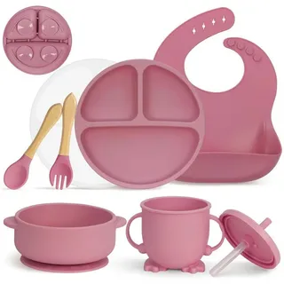 LuxusKollektion Kindergeschirr-Set Geschirrset Silikon Baby Rutschfest Saugnapf 7tlg BPAfrei Rosa rosa