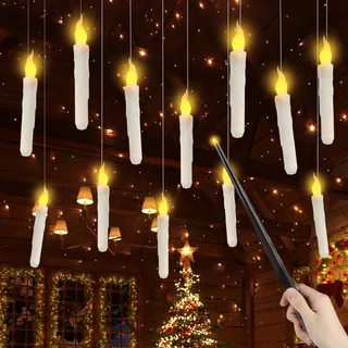 DZAY Weihnachtskerzen Schwebende Kerzen mit Zauberstab,12 Stück LED Kerzen mit Fernbedienung LED Stabkerzen,Flackernde Flammenlose Kerzen mit Angelschnur Fliegende Kerzen für Weihnachtsdeko