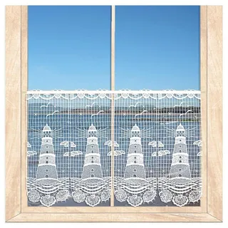 atelier alles-Spitze Maritime weiße Spitzen-Gardine mit Leuchtturm, Möwen und Muscheln – Vogtländische Luftspitze für EIN maritimes Flair | Höhe x Breite 40 x 80 cm