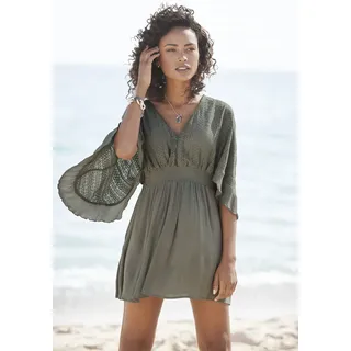 Tunikakleid LASCANA Gr. 38, N-Gr, grün (khaki) Damen Kleider Strandkleider mit weiten Ärmeln, aus Spitze, Blusenkleid, Strandmode