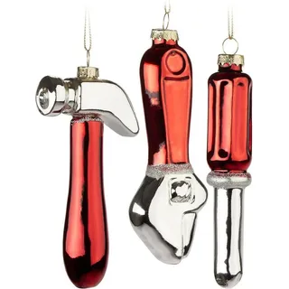 BRUBAKER Weihnachtsbaumkugel Werkzeug Set - 3er Set Weihnachtskugeln aus Glas - Christbaumschmuck (3 St), Schraubendreher, Hammer + Schraubenschlüssel - Handwerker Baumkugeln rot