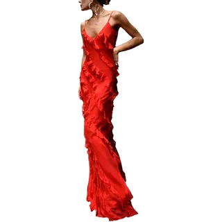 Damen Spaghettiträger Ärmelloses Hohl Maxi Kleid Rückenfreies Kleid Floral Quaste Langes Kleid Y2k Ärmelloses Rückenfreies Quastenkleid Transparentes Tüllkleid (Rot,M) - M
