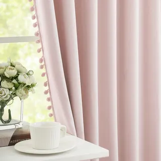 Treatmentex Blickdicht Vorhang mit Pompons Rosa Vorhang mit Ösen Landhausstil Wärmeisoliert Thermovorhang Verdunkelungsvorhänge für Mädchenzimmer,Wohnzimmer,Schlafzimmer-2 Stück(Rosa,140x180cm)