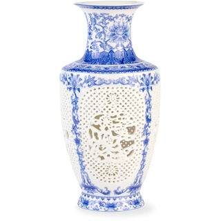 Blaue und weiße Keramikvase, chinesische handgefertigte ausgehöhlte Porzellanvasen, 28 cm hoch, handgefertigte Flaschenvasen, Ingwergläser, Keramikblumenvase für Tischdekoration, Wohnzimmer