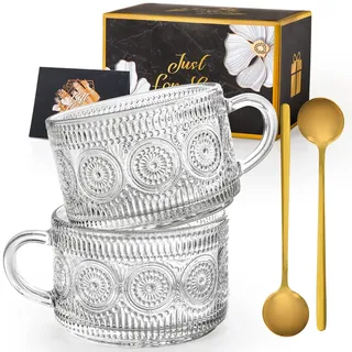 Gutsdoor Vintage-Glas-Kaffeetassen, 2 Stück, 400 ml, transparent, geprägte Teetassen, stapelbar, Glas-Kaffeetasse mit Löffeln für Cappuccino, Latte, Müsli (Sonnenblume x 2)