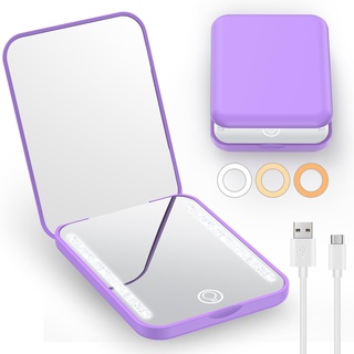 Gospire Mini LED Taschenspiegel mit 1X/3X Vergrößerung, USB Wiederaufladbarer Reisespiegel mit Licht, 3 Farben & Dimmable, Klein Schminkspiegel Klappbar Taschenspiegel für Frauen, Violett