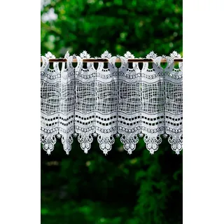 Plauener Spitze - Gardine, Scheibengardine für Stangendurchzug Oben, hochwertige Stickerei, Höhe 28 cm, Breite 144 cm, Farbe Weiß