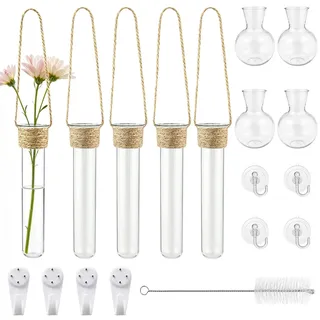 GZLCEU 4 STK Reagenzgläser für Blume und 4 STK Wandvasen Saugnapf | 2 Spezifikationen Hängevasen Glas,Wandvasen Glas für Hydrokulturpflanzen mit Haken und Reinigungsbürste