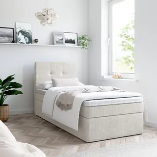 Bett, Boxspringbett MERA MINI mit Bettkästen, Doppelbett, Stauraum, Schlafzimmer, Polsterbett, Bettgestell (90x200, Beige - Aura 01, Ohne Topper) - Beige