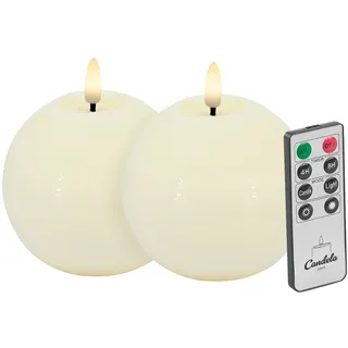 Candela Lights LED Kugelkerzen 2er Set Echtwachs creme rustic H:7xØ8cm Flammeneffekt & feste Flamme mit Fernbedienung Timer Funktion & mehrstufig dimmbar Echtwachskerzen