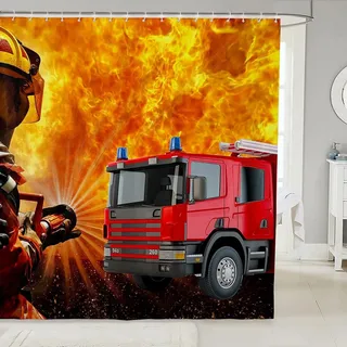 RAMOTE Duschvorhang 180x180 Feuerwehrauto, Duschvorhänge Antischimmel 3D Feuerwehrleute, Shower Curtains Wasserdicht Waschbar, Duschrollo für Badewanne Dusche Badezimmer, mit 12 Ringe