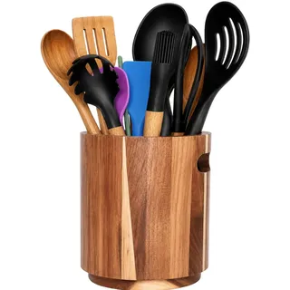 AYAMAX Utensilienhalter aus Akazienholz | Küchenutensilienhalter & Organizer für Arbeitsplatte | Küchenbehälter mit rustikalem Design (Groß 15×18 cm)