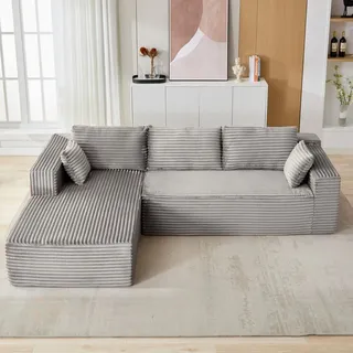 Ecksofa Modernes Samtcord Schlafsofa, Sofa klein L-Form Couch 3-Sitzer Ecksofa, Zweisitzer+Chaiselongue, kleine Wohnlandschaft - Grau