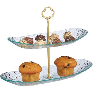 Relaxdays Etagere 2-stöckig, Muffins, Cupcakes, Snacks, oval, Glas, HBT 25x33,5x13 cm, Servierständer, gold/transparent, 1 Stück