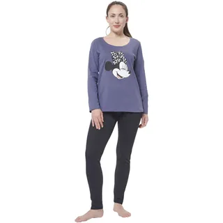 Minnie Maus Damen Schlafanzug lang, Frauen Pyjama langärmlig warm Grau Disney (M) - M