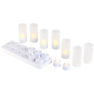 12er-Set Akku-LED-Teelichter mit Kunststoff-Dekogläsern & Ladestation