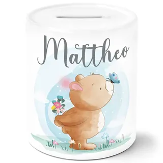 SpecialMe® Kinder Spardose mit Name Tiermotive Bär, Hase, Fuchs personalisierte Geschenke Mädchen Jungen Sparschwein Bär weiß Spardose