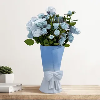 Relexome Keramik Vase mit Schleife, 24,5 cm Modern Boho Vase, dekorative Aesthetic Blumenvase für Frische Blumenstrauß, Pampasgras, für Wohnzimmer, Schlafzimmer, Tischdekoration, Home Deko,Blau Weiß