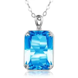 DJMJHG Silber Anhänger Aquamarin Anhänger Halskette Echt Sterling Silber Rechteck Edelstein Statement Damen Feiner Schmuck Blauer Topas