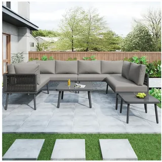 OKWISH Gartenlounge-Set Polyrattan Gartenmöbel Set, (Eisen Garten Loungesessel Set für 8 Personen – U-förmiges wetterfestes Outdoor Ecksofa, 2 Couchtische aus Grauglas, 10 cm dicke Kissen, pflegeleicht., 2-tlg), Sitzgruppe mit Tisch grau