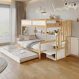 YuQozii Etagenbett, Kinderbett, mit Fallschutz und Gitter, Entworfen mit DREI Bettpositionen, mit Rollbett, mit Kleiderschrank, Ecktreppe, Kiefer+MDF, Weiß+Natur, 90x200&90x190&120 * 200cm