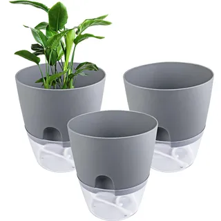 Relota 3 stücke Blumentopf Grau 15.3cm Breite, Kräutertopf Plastik mit Selbstbewässerung und Wasserspeicher, Küchenkräuter Blumentopf mit Bewässerungssystem für Küche, Balkon, Schlafzimmer, Standard