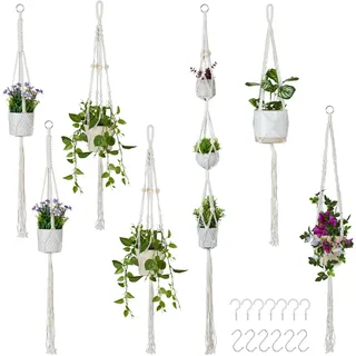 Relaxdays Blumenampel, 7er Set Hängeampel Boho, verschiedene Größen, Pflanzenhalter innen, Baumwolle Metall, Holz 155 cm, Dekoration, Blumen | Zubehör, Übertöpfe