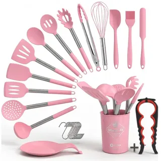 Coock Küchenutensilien Set 26-teilig mit Halter, Silikon Küchenhelfer Set Rot, Hitzebeständig bis 230°C, BPA-frei, Edelstahlgriffe, Spülmaschinengeeignet