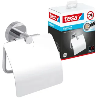 tesa SMOOZ Toilettenpapierhalter mit Deckel, verchromt - WC-Rollenhalter zur Wandbefestigung ohne Bohren, inkl. Klebelösung - 53 mm x 140 mm x 128 mm