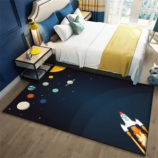 Kinderteppich Universe Planet Astronaut 3D Wohnzimmerteppich Rutschfest Blau Schwarz Raumschiff Rakete Teppiche Jungen und Mädchen Spielteppich Kinderzimmer Teppich Waschbar (Farbe1,120 x 160 cm)