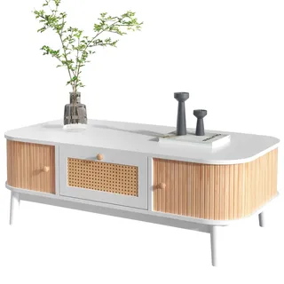 Merax Couchtisch - Rattan-Kaffeetisch, Schubladen mit Rattan und Schiebetüren mit Massivholzlatten, Massivholzbeine, Weiß
