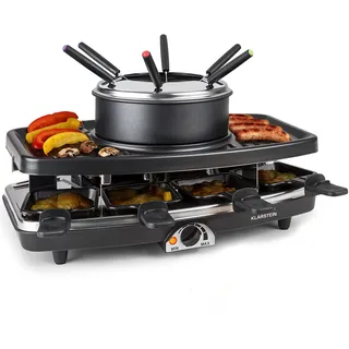 Klarstein 3-in-1 Raclette Fondue Kombi und Grill, 1100W Raclette-Fondue-Set mit Steinplatte, Elektrischer Fondue Raclette Grill für 8 Personen