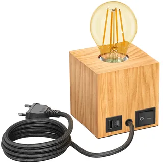 ledscom.de Tischlampe HITO, Holz massiv, eckig, USB, inkl. E27 Lampe gold, max. 778lm, 3-Stufen, extra-warmweiß