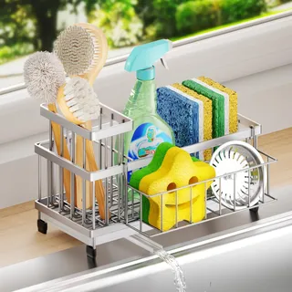 SWTYMIKI Spülbecken Organizer Schwammhalter - Automatischer Entwässerung | 360° Ablassschale Rostfreier Spülmittel Organizer, Edelstahl Spüle Organizer für küche Aufbewahrung & Organisation