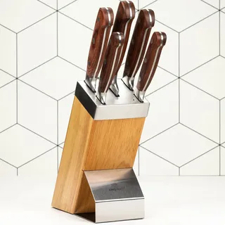 Edles 5-teiliges Messerset, Holz-Edelstahl-Block, Pakka-Holzgriffe – Koch-, Brot-, Ausbein-, Allzweck- & Gemüsemesser, Profi-Qualität
