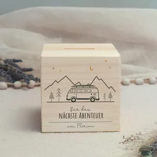 hellomini Personalisierte Spardose aus Holz mit Namen – Gravierte Reisekasse für kleine & große Abenteuer – Geschenkidee mit Wunschtext für Urlaubsträume - Camper Abenteuer