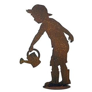 Garten Figur auf Platte - Material: Rost - Kind mit Gießkanne - Höhe 98cm - Hochwertige Gartendeko