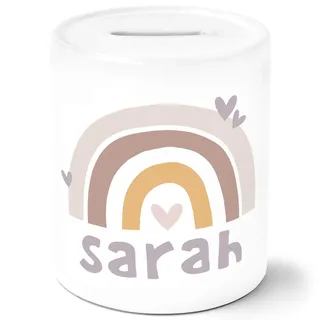 SpecialMe® Kinder Spardose mit Namen Regenbogen Herzen Skandi Stil personalisiert Keramik Sparschwein für Mädchen weiß Unisize