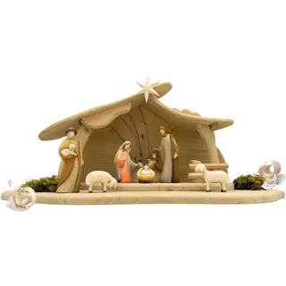 Akantus Weihnachtskrippe aus Holz: 8-teiliges Figuren Set bemalt mit Stall (bemalt, 10 cm)