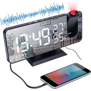 Aoucheni Funk-Radiowecker Projektionswecker, Digital Wecker mit Projektion 180° & USB-Anschluss Schlummerfunktion und 4 Display- Helligkeitsstufen weiß