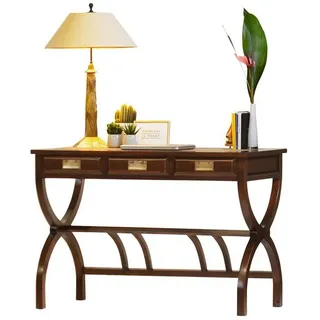 Kai Wiechmann Schreibtisch Asiatischer Schreibtisch braun, Sekretär, Bürotisch (drei Schubladen), 118x81x56 cm, extravagantes Design, Massivholz, Used Look