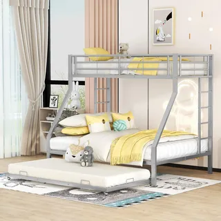 Merax Metall-Etagenbett mit Ausziehbarem Bett und Leiter auf beiden Seiten Metallbett - Ideal für Kinder, Jugendliche und Erwachsene, Einfache Montage, 90(140) x200cm, Silber