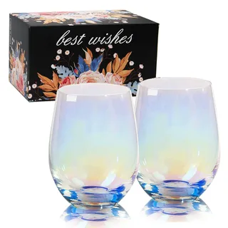Weinglas ohne Stiel, Weingläser, Regenbogengläser, großes Rotweinglas oder Weißweinglas 2er Set, schillernde Gläser, Geschenk für Mama Geburtstag, Frauen, Sie, Schwester, Tochter, Freunde, Kollegen