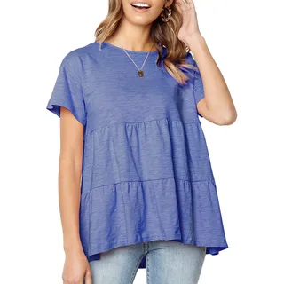 Defal Damen-Tops Sommer Kurzarm locker T-Shirt Babydoll Schößchen - Blau - XX-Large - XXL